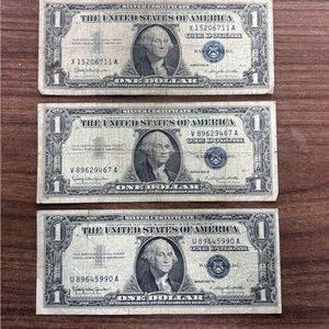 1957B $1 Dollar Silver Certificate Note (3 Bills) Blue Seal circulated